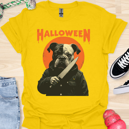 Halloween - V2 - Black and White Bulldog Face T-Shirt